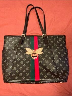 Charis Ma Black Shoulder Tote with Red & Green Stripe and Bee Accent